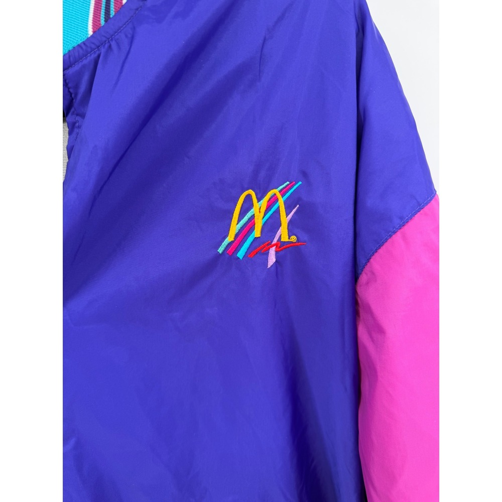 Vintage Crest McDonalds Jacket Mens Medium Purple Color Block Nylon Bomber 90s - Picture 2 of 7